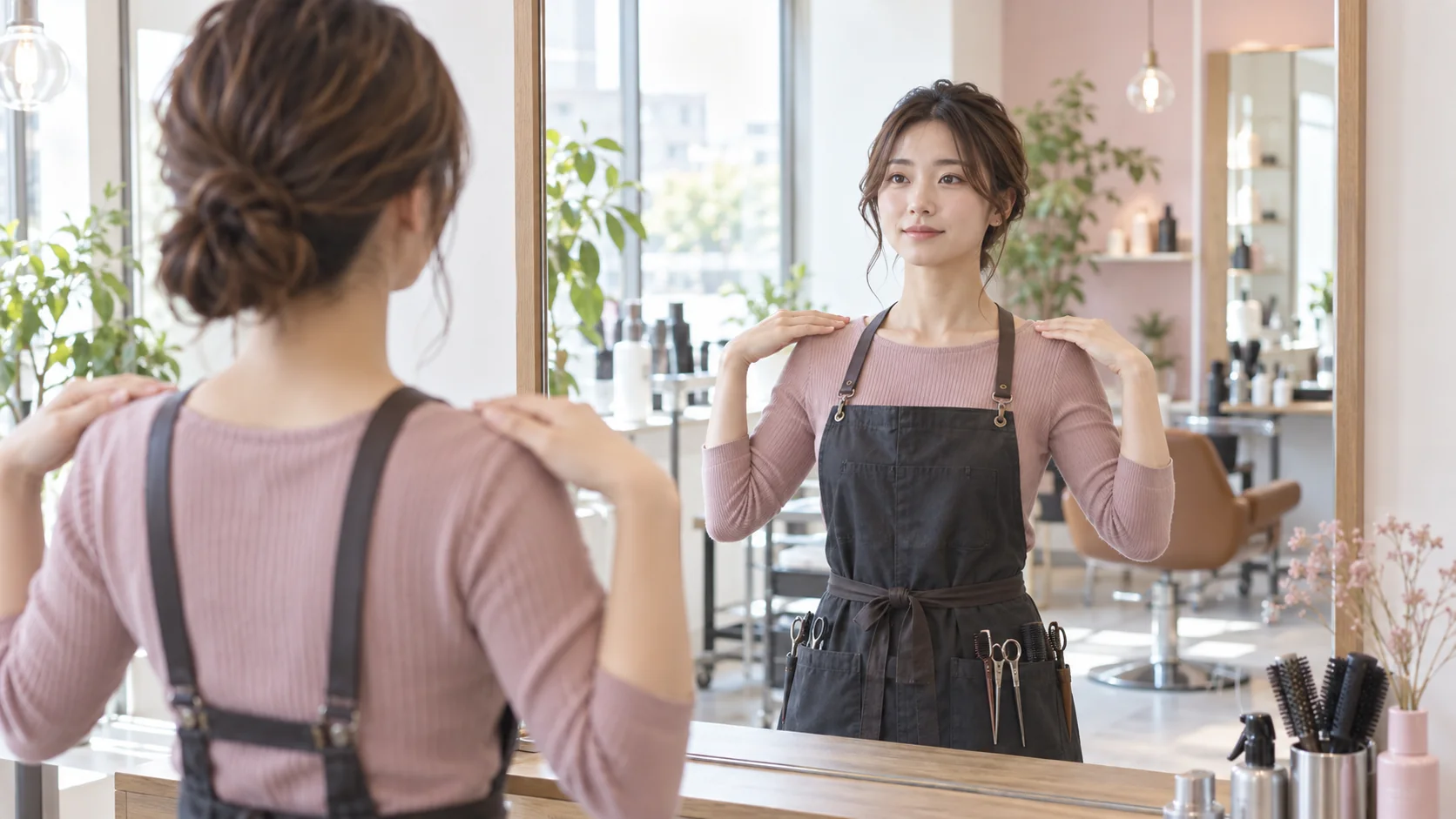 鏡の前で肩がすくんでいないか確認する美容師