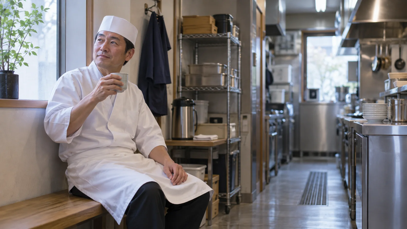 休憩中に水分補給する調理師