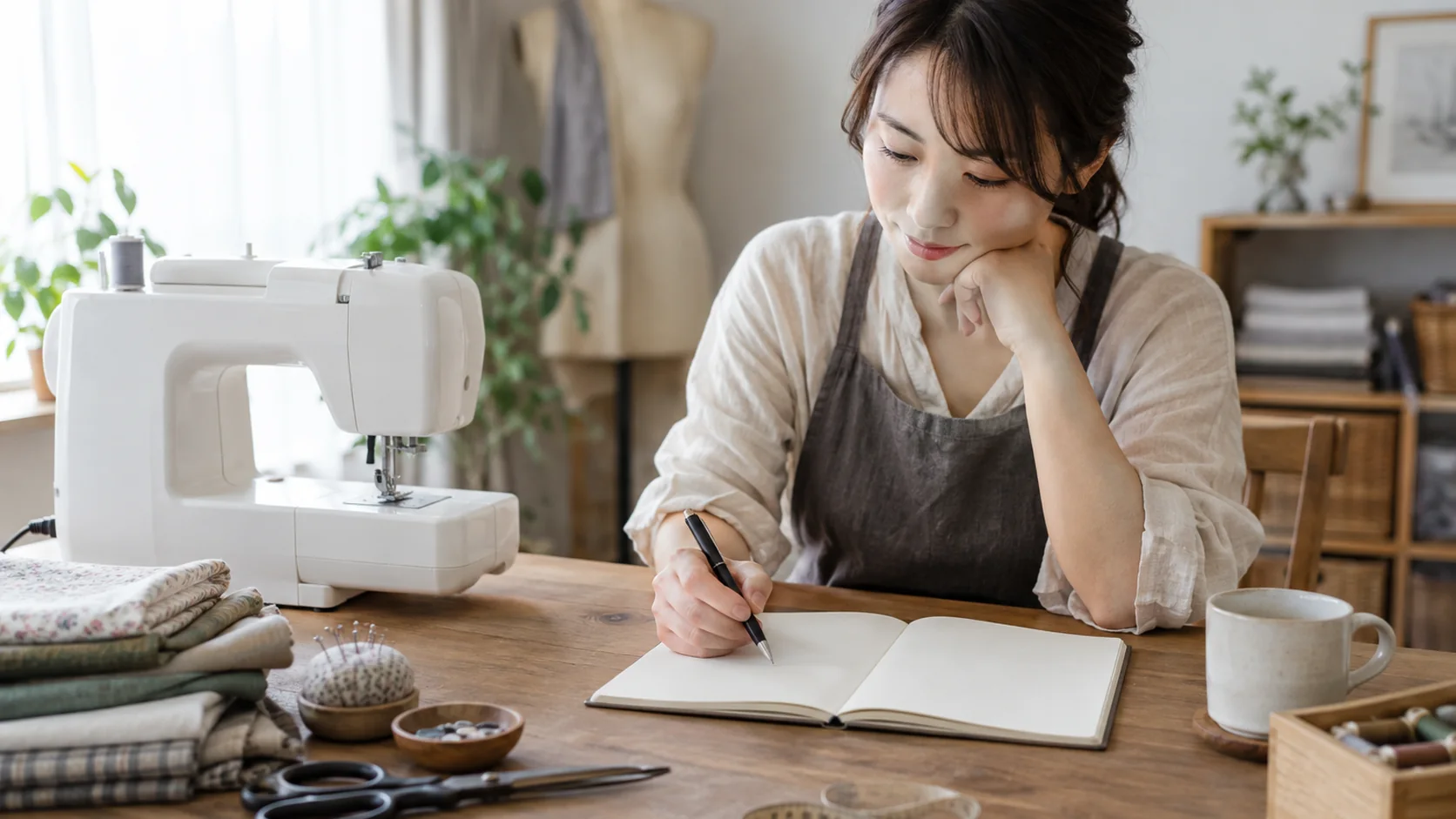 ミシン作業の姿勢についてメモする女性