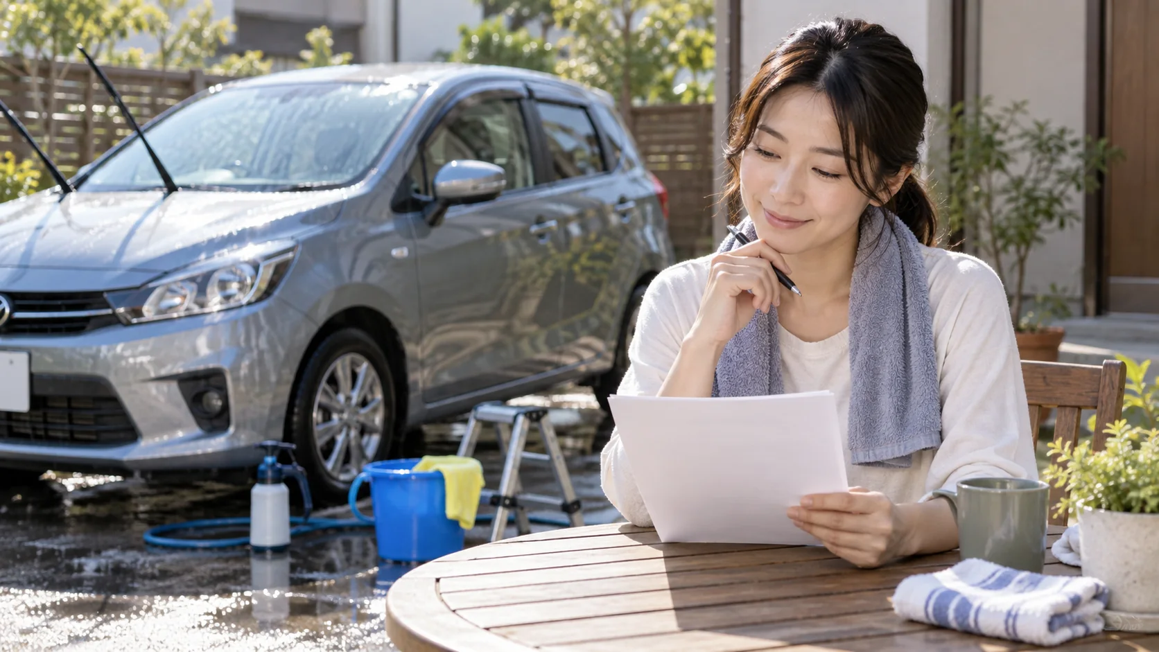 洗車後に作業のポイントを確認する女性
