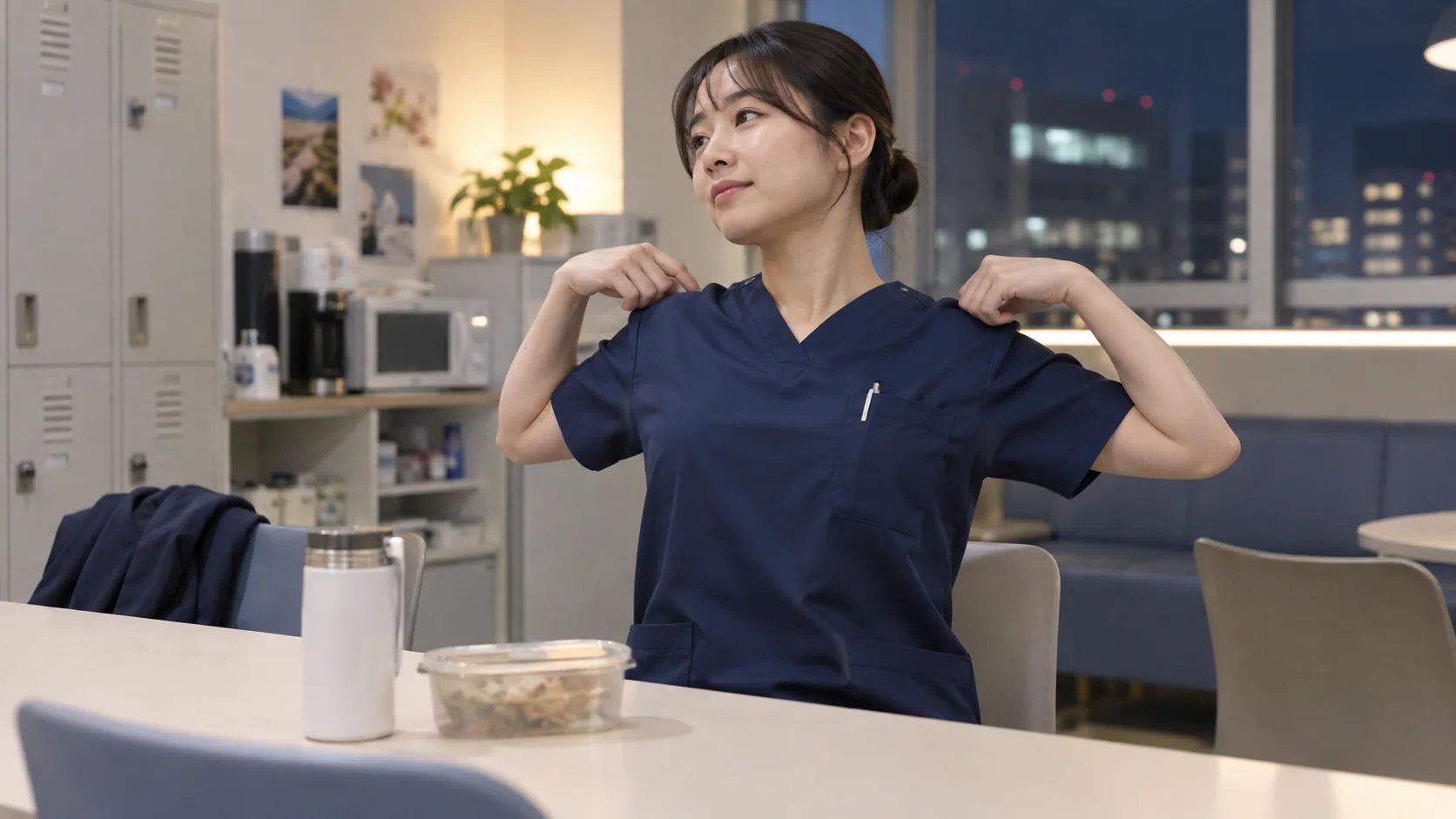 休憩中に肩をゆっくり回す看護師