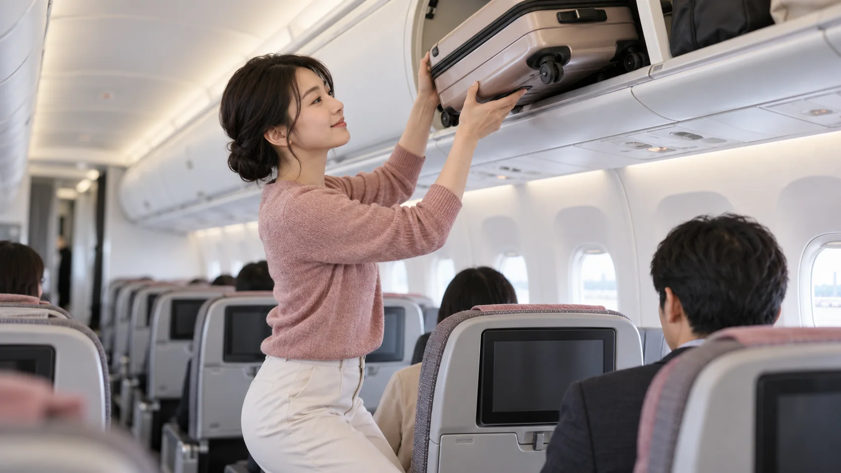 到着後に両手で安全に荷物を下ろす旅行者