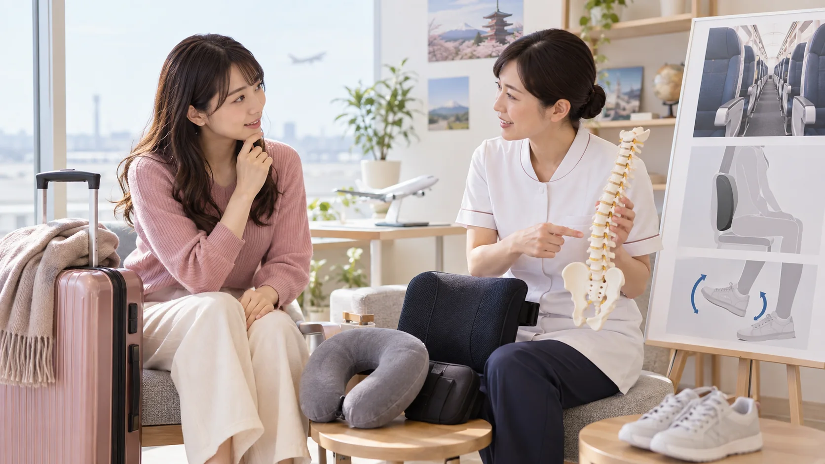 長時間フライトの腰痛対策について質問する女性