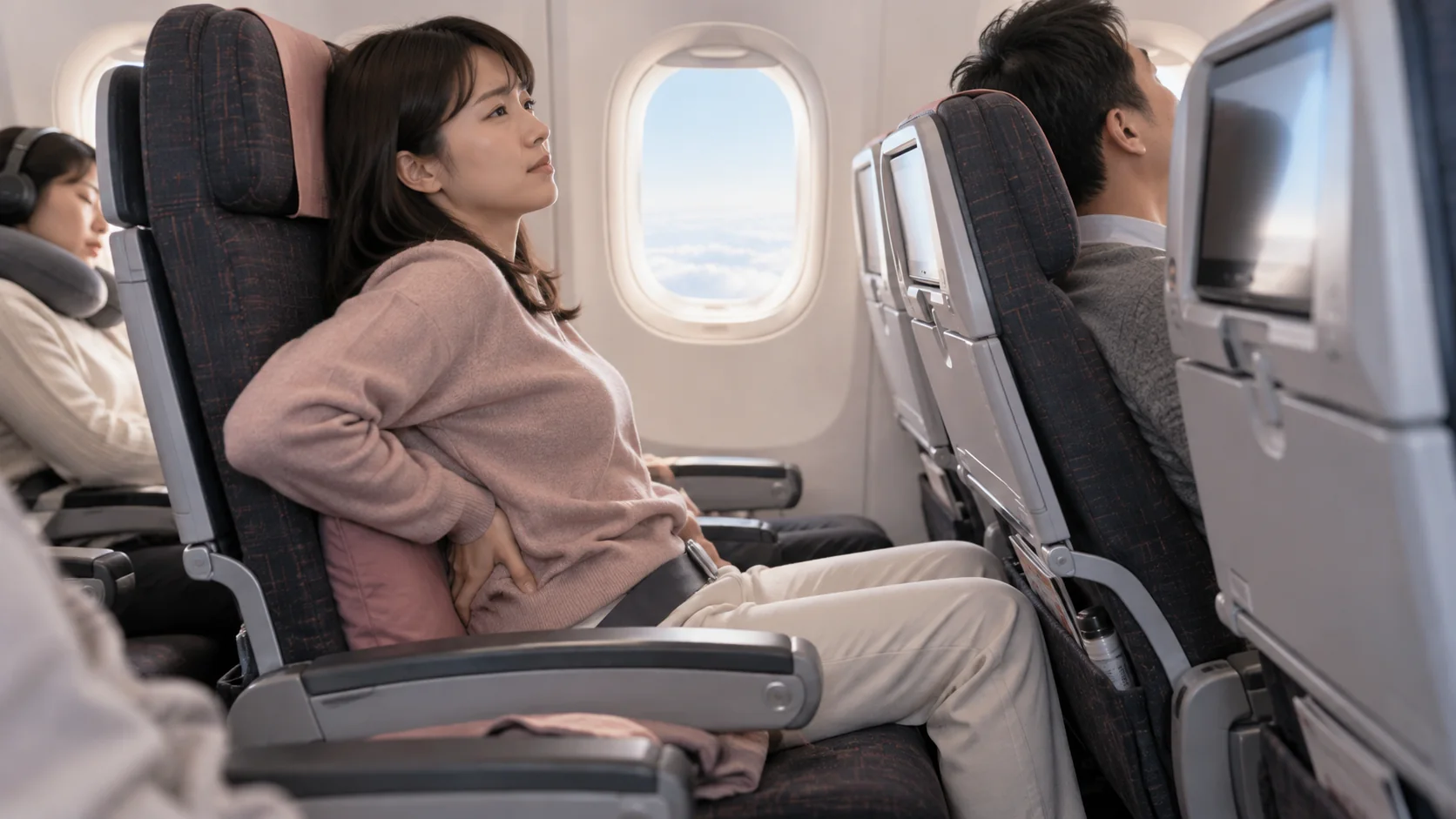 長時間フライトで腰が重くなる条件を振り返る旅行者