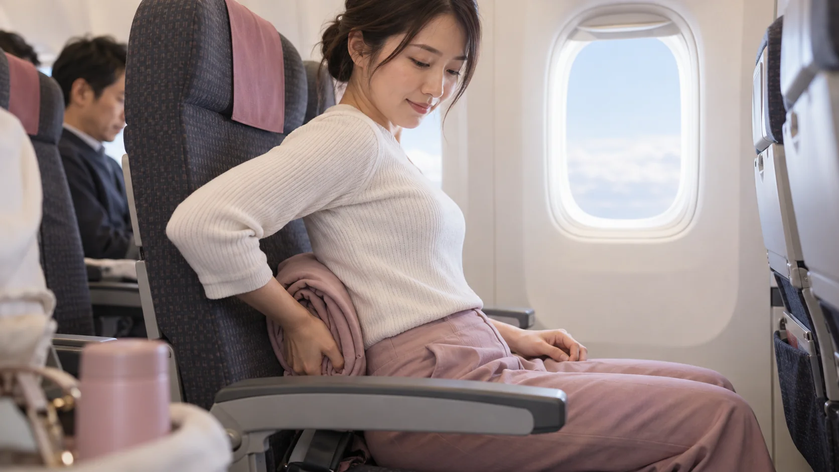 上着を丸めて腰と背もたれのすき間を支える旅行者