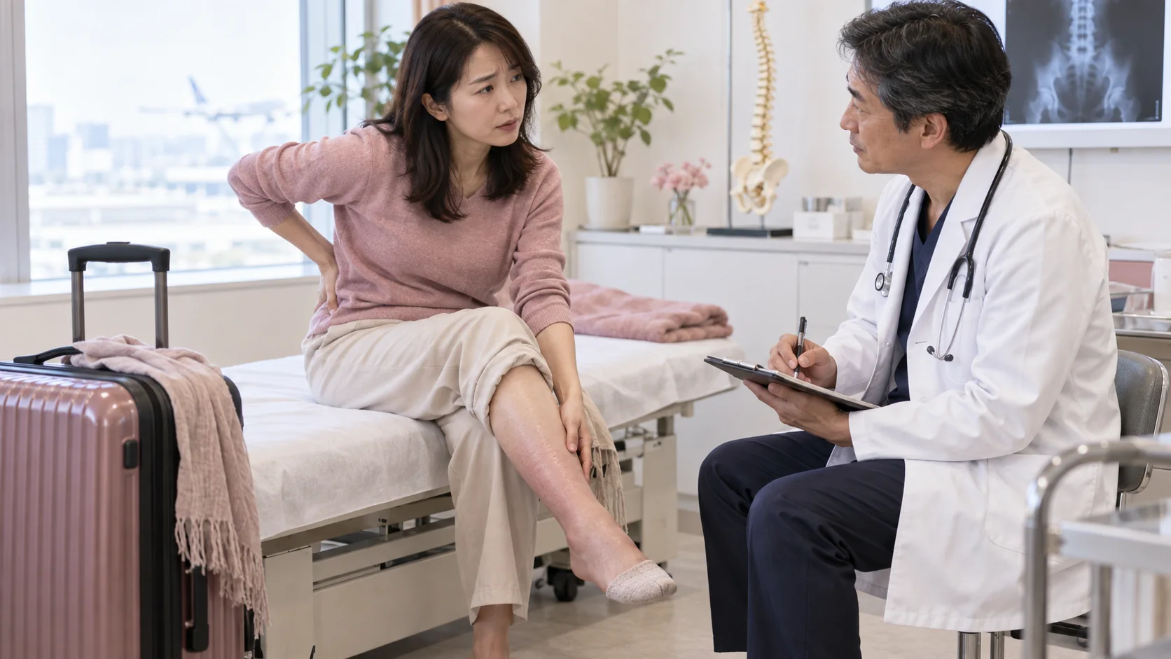 フライト後の腰痛や脚の腫れを医師へ相談する旅行者