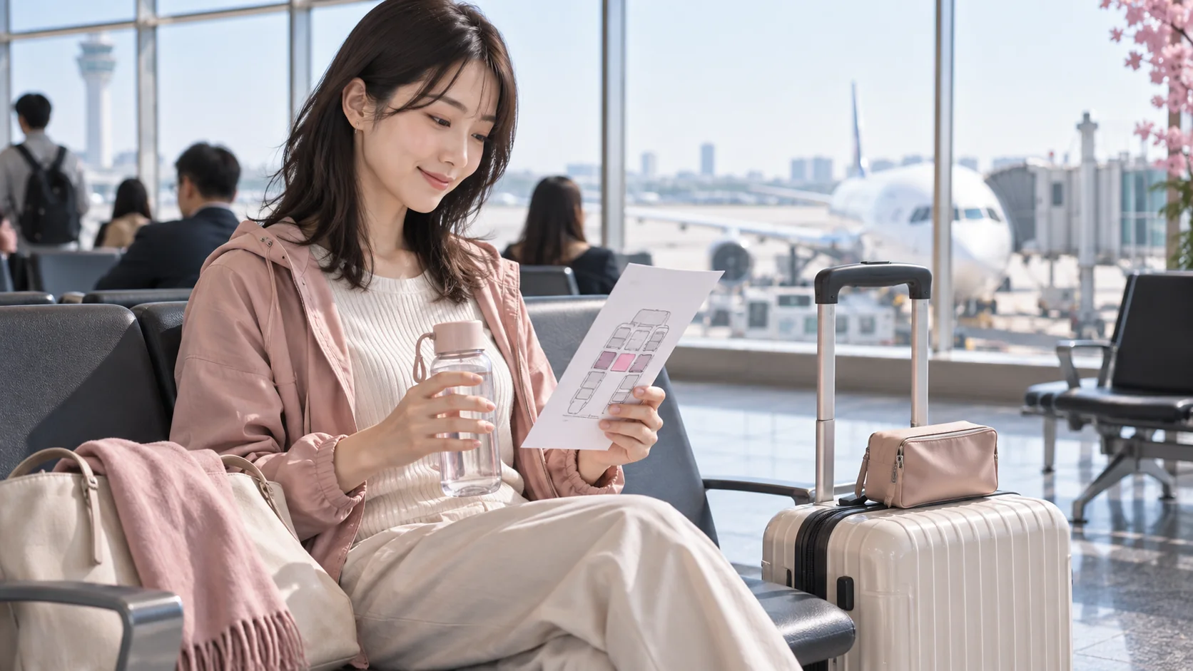 搭乗前に通路側座席と持ち物を確認する旅行者