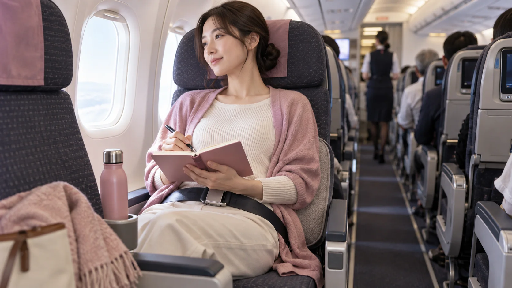 飛行機の座席で腰の負担を減らす準備をする旅行者