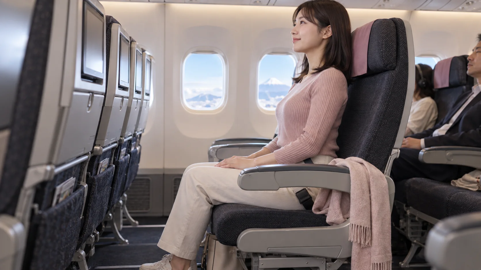 機内の座席で骨盤と肩をやさしく動かす旅行者