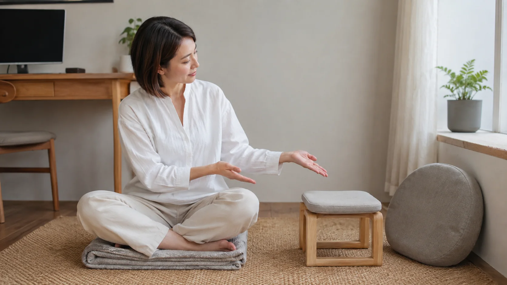 あぐら用の厚みと正座椅子を比較する女性