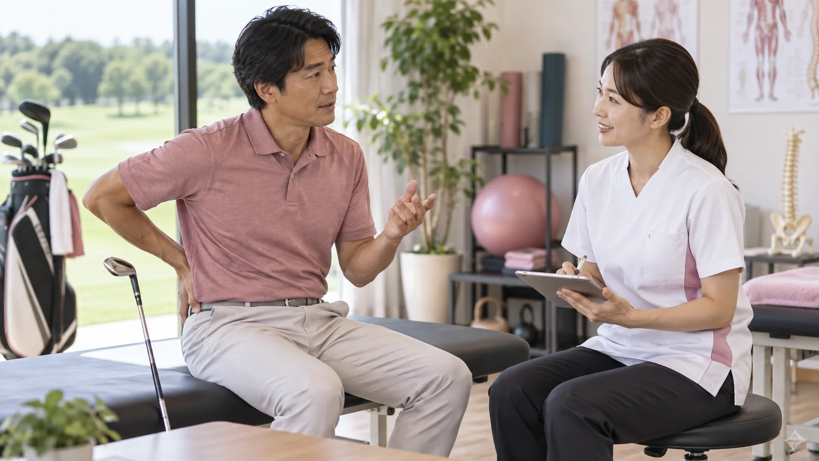 ゴルフの腰痛対策について質問する男性