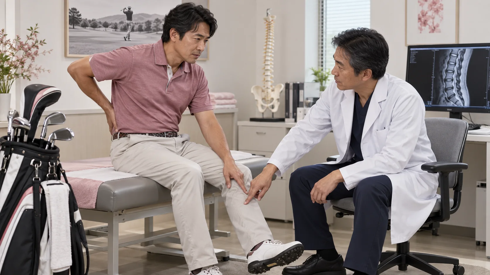 ゴルフ中の腰痛と脚のしびれを医師へ相談する男性