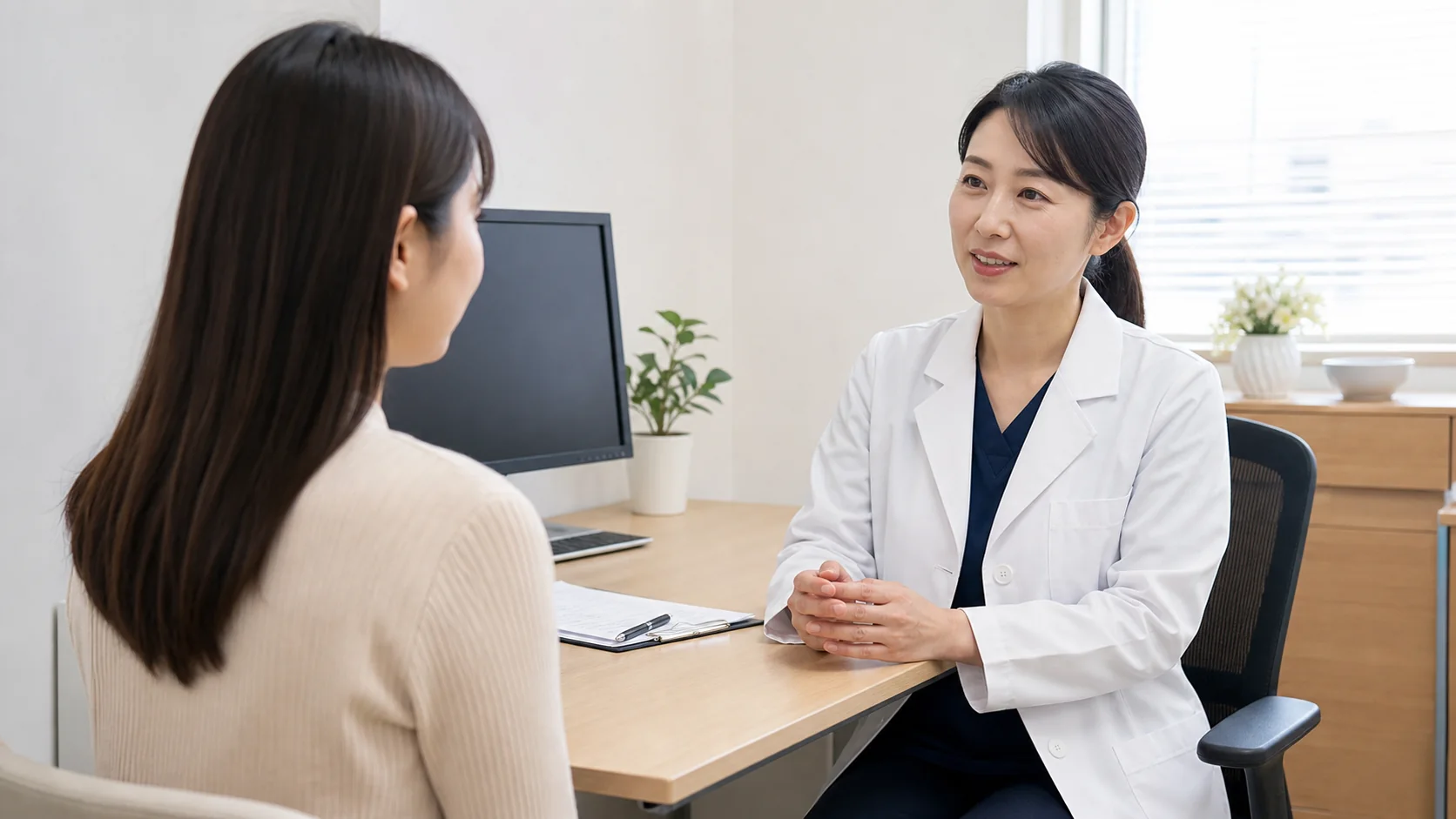 つらい生理痛を婦人科で相談する女性