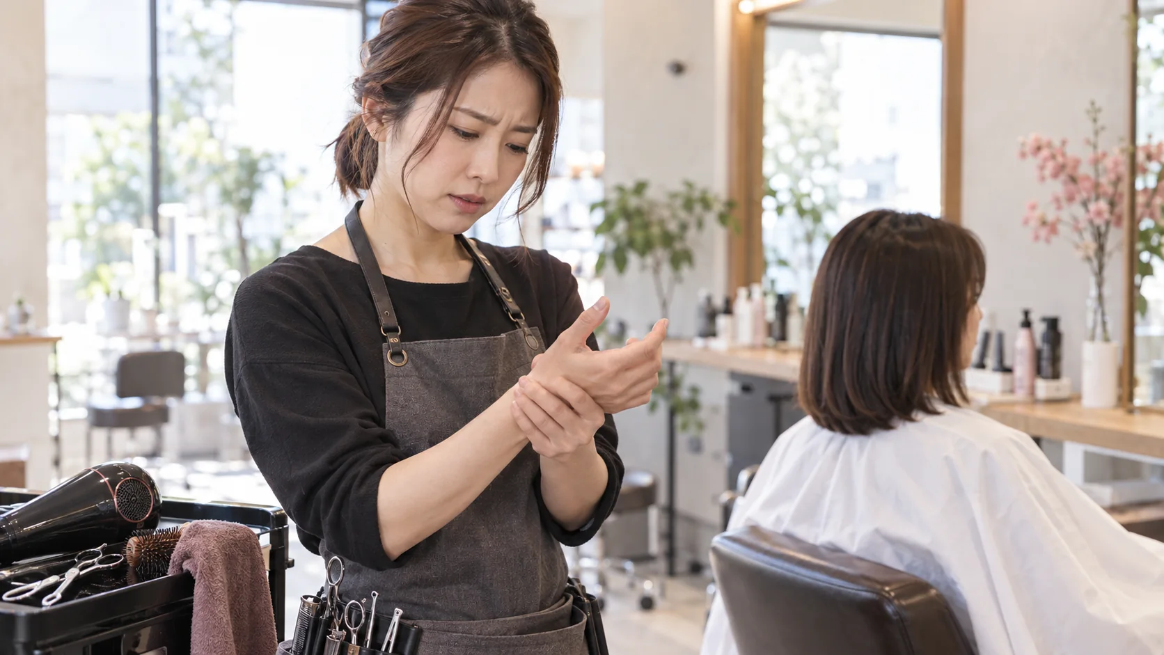 手のしびれや親指の痛みを感じる美容師