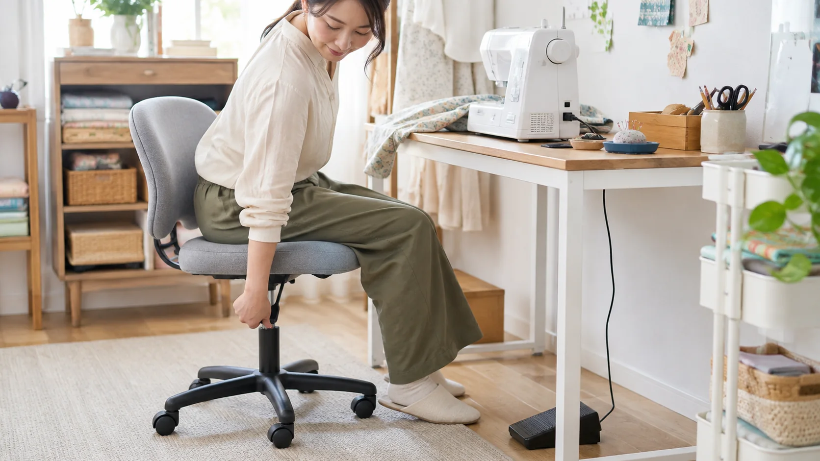 ミシン用の椅子の高さを調整する女性