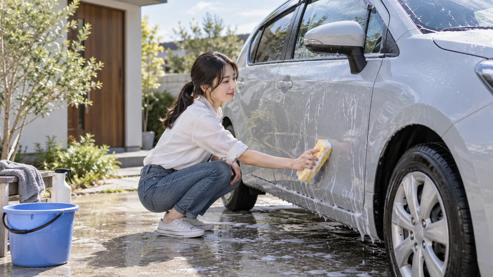 車の低い部分をしゃがんで洗う女性