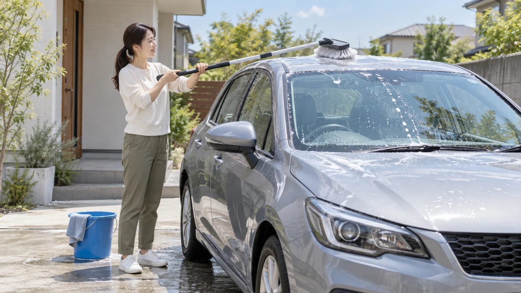 長い柄のブラシで車の屋根を洗う女性