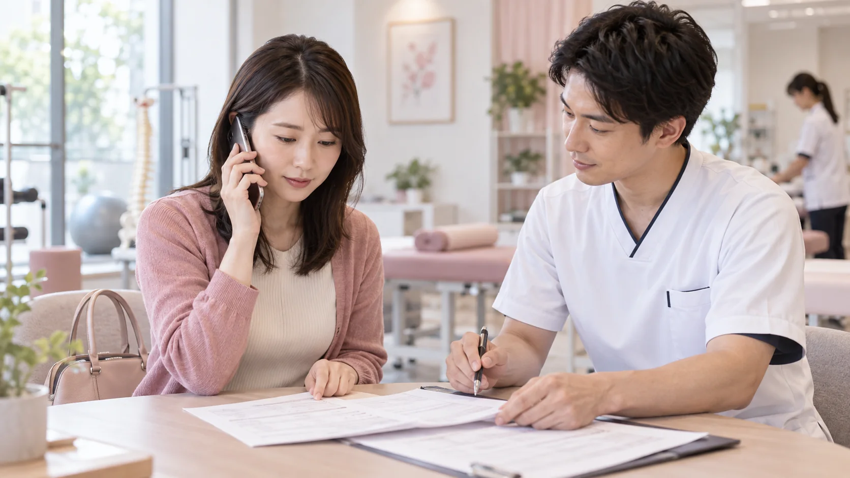 保険会社へ整骨院併用について連絡する女性
