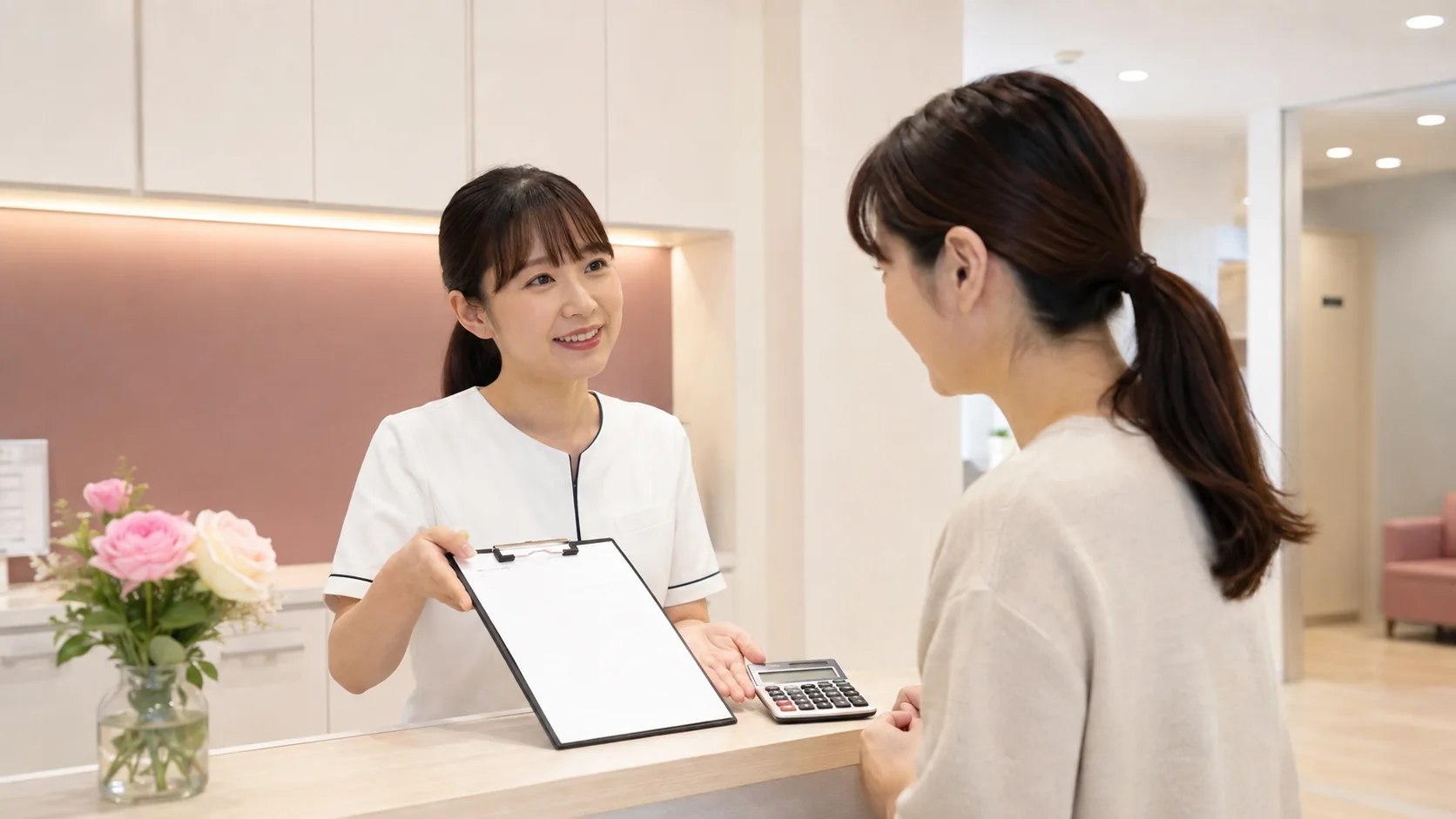 肩こりの施術料金と保険の条件を受付で確認する女性