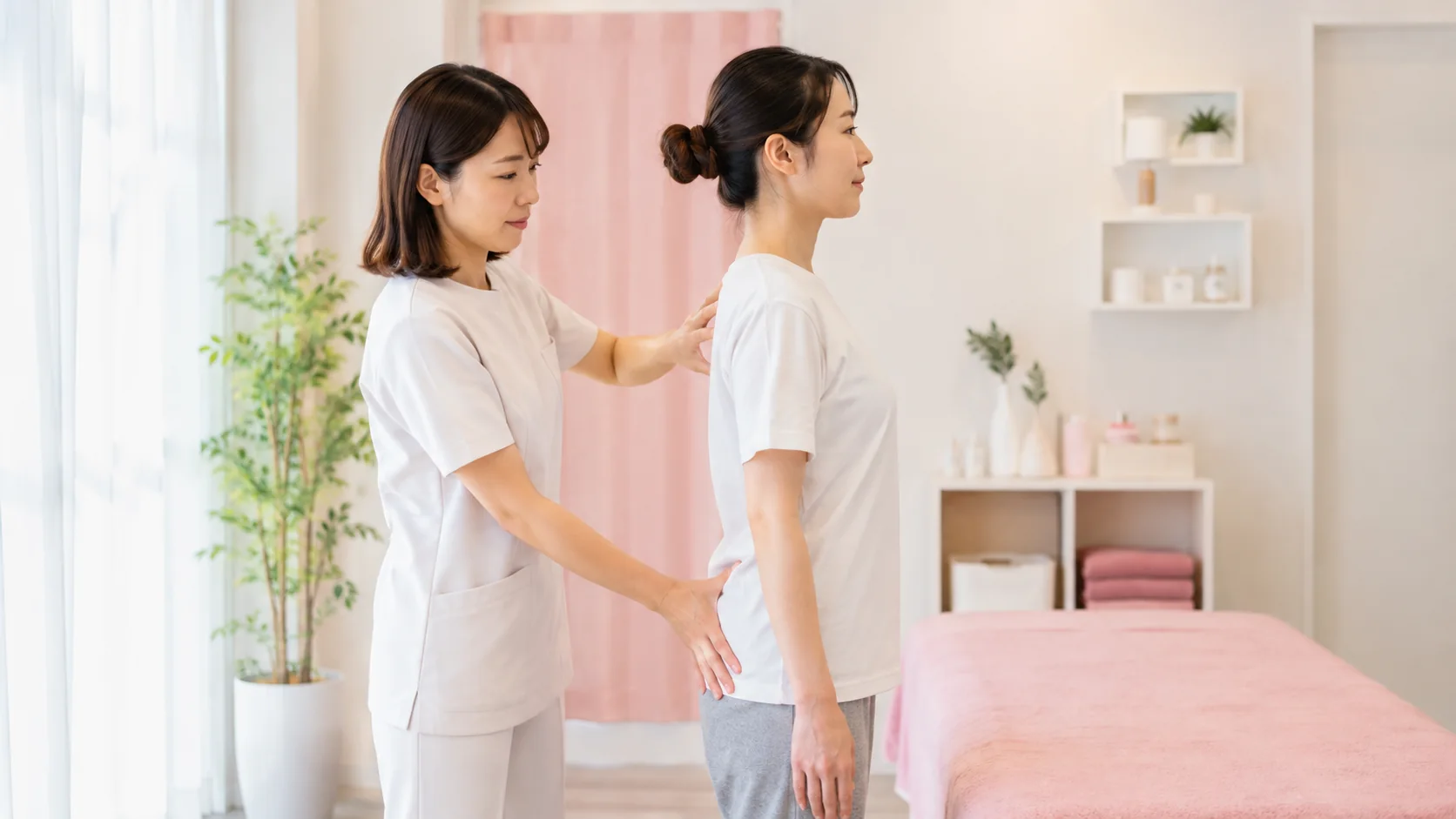 首肩だけでなく骨盤と姿勢のつながりを確認する女性