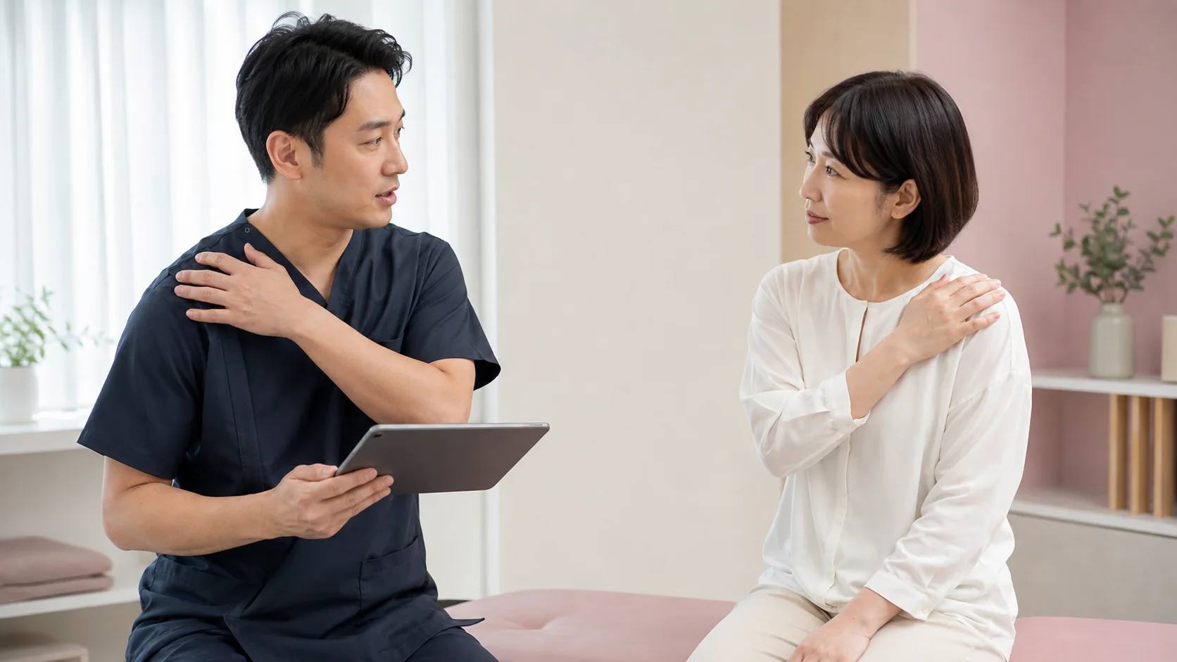 肩こりの筋肉疲労型と姿勢構造型を確認する女性