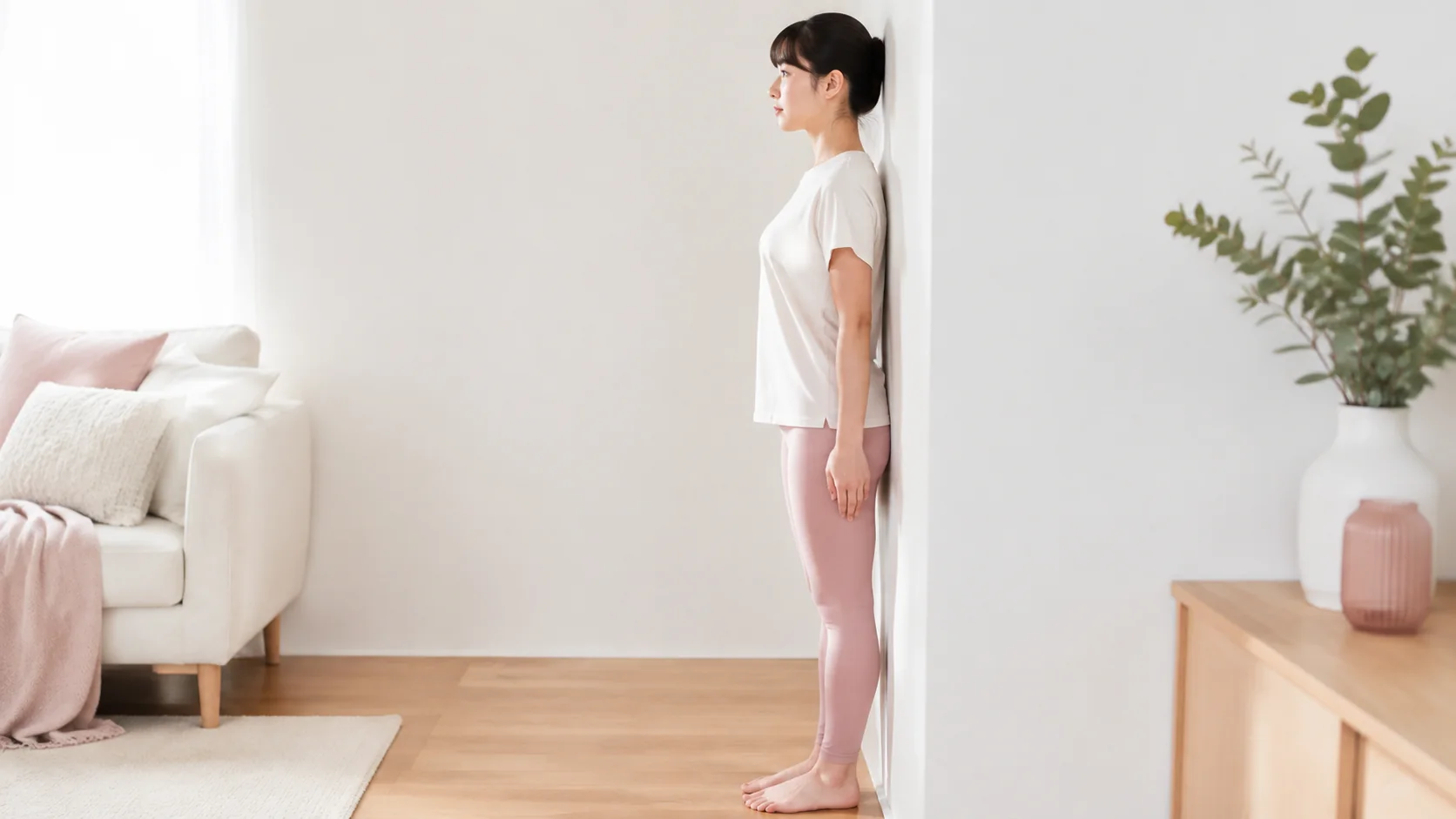 壁立ちで肩こりと姿勢をセルフチェックする女性