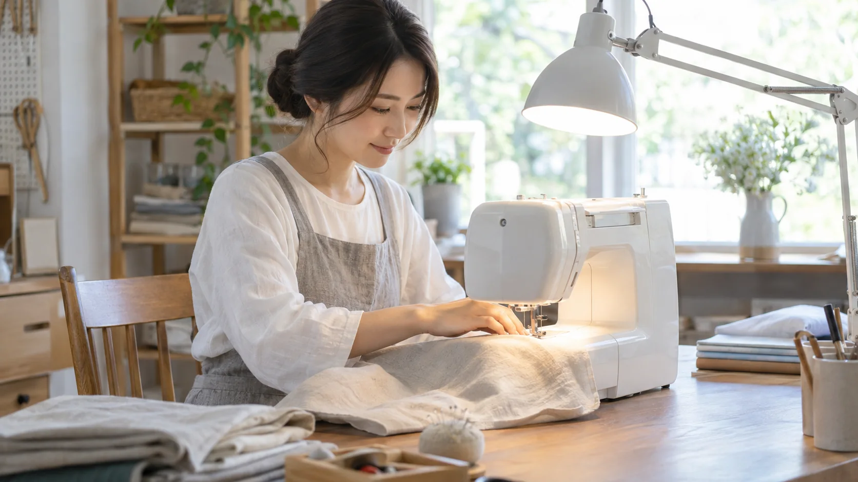 手元照明を使ってミシン作業をする女性