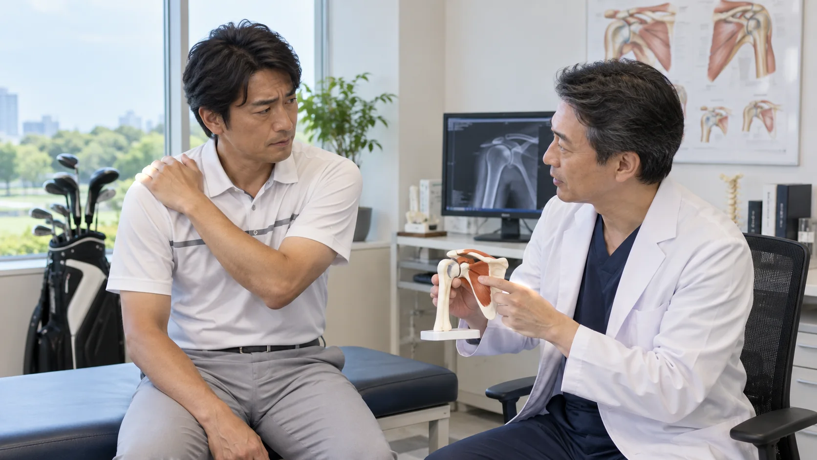 肩の痛みについて整形外科医に相談するゴルファー