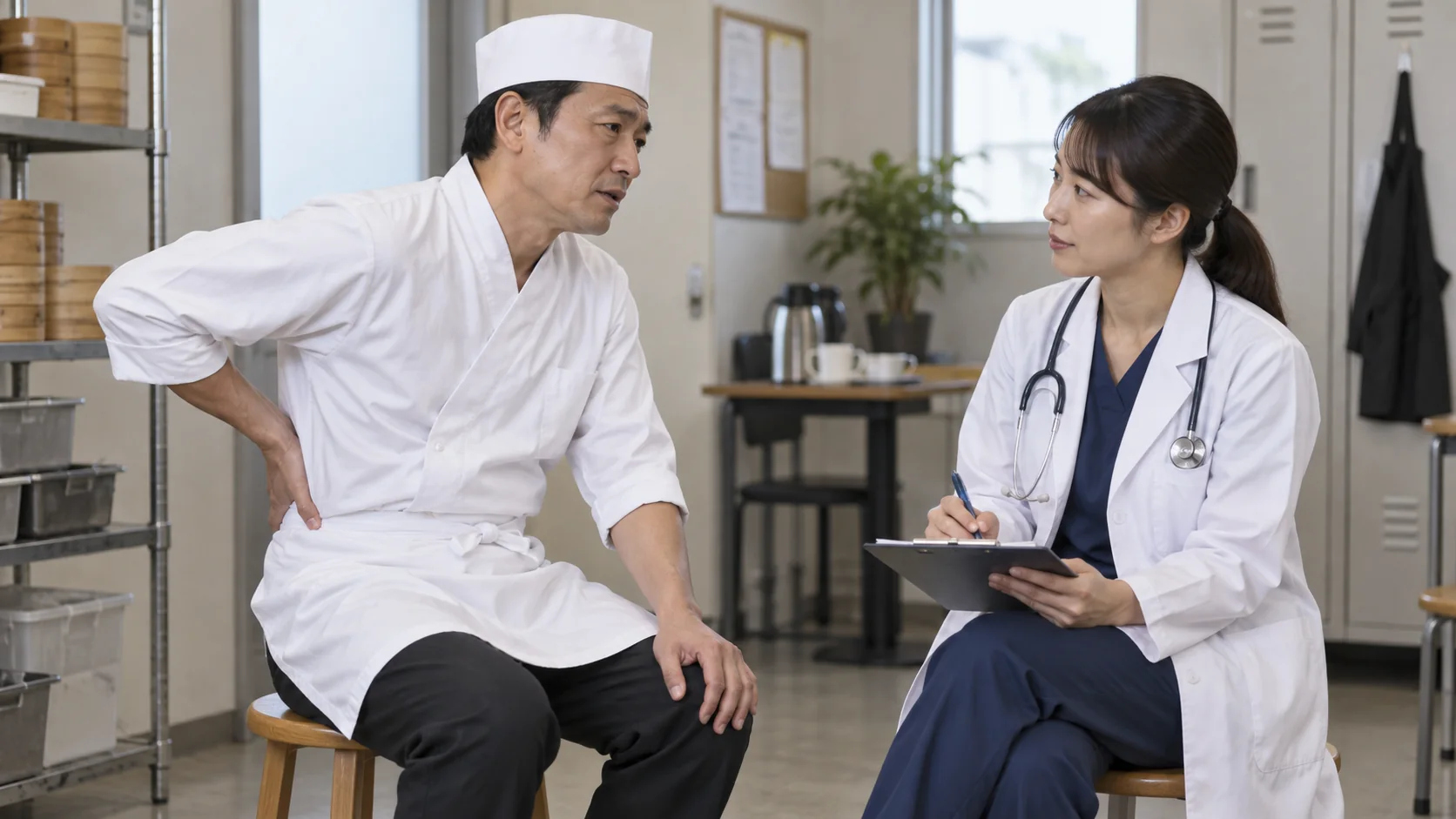 腰の痛みを医師に相談する調理師