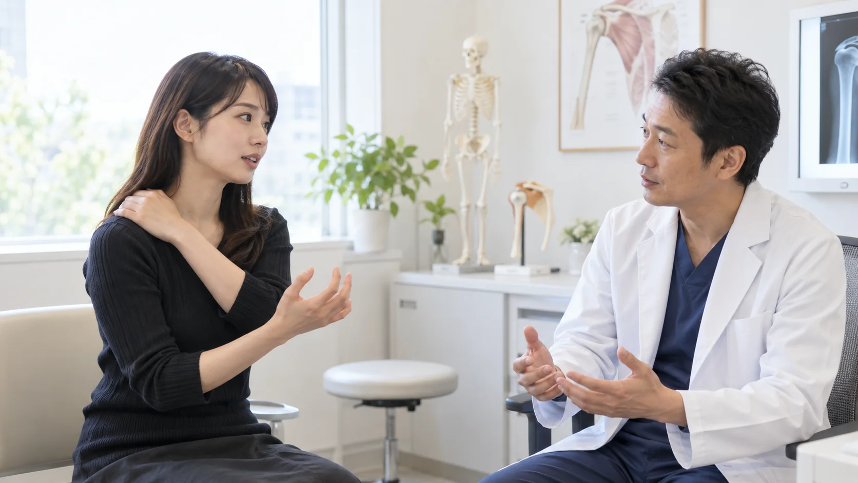 肩の不調を医師に相談するピアノ演奏者