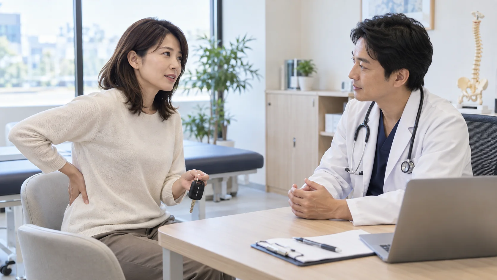 腰の不調を医師に相談する女性