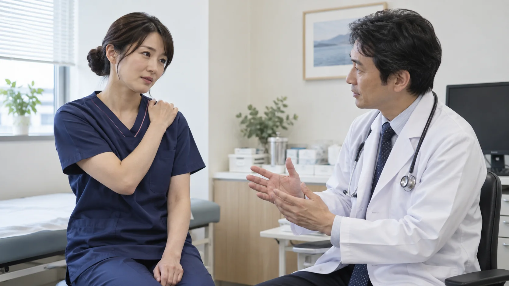 肩の不調について医師に相談する看護師