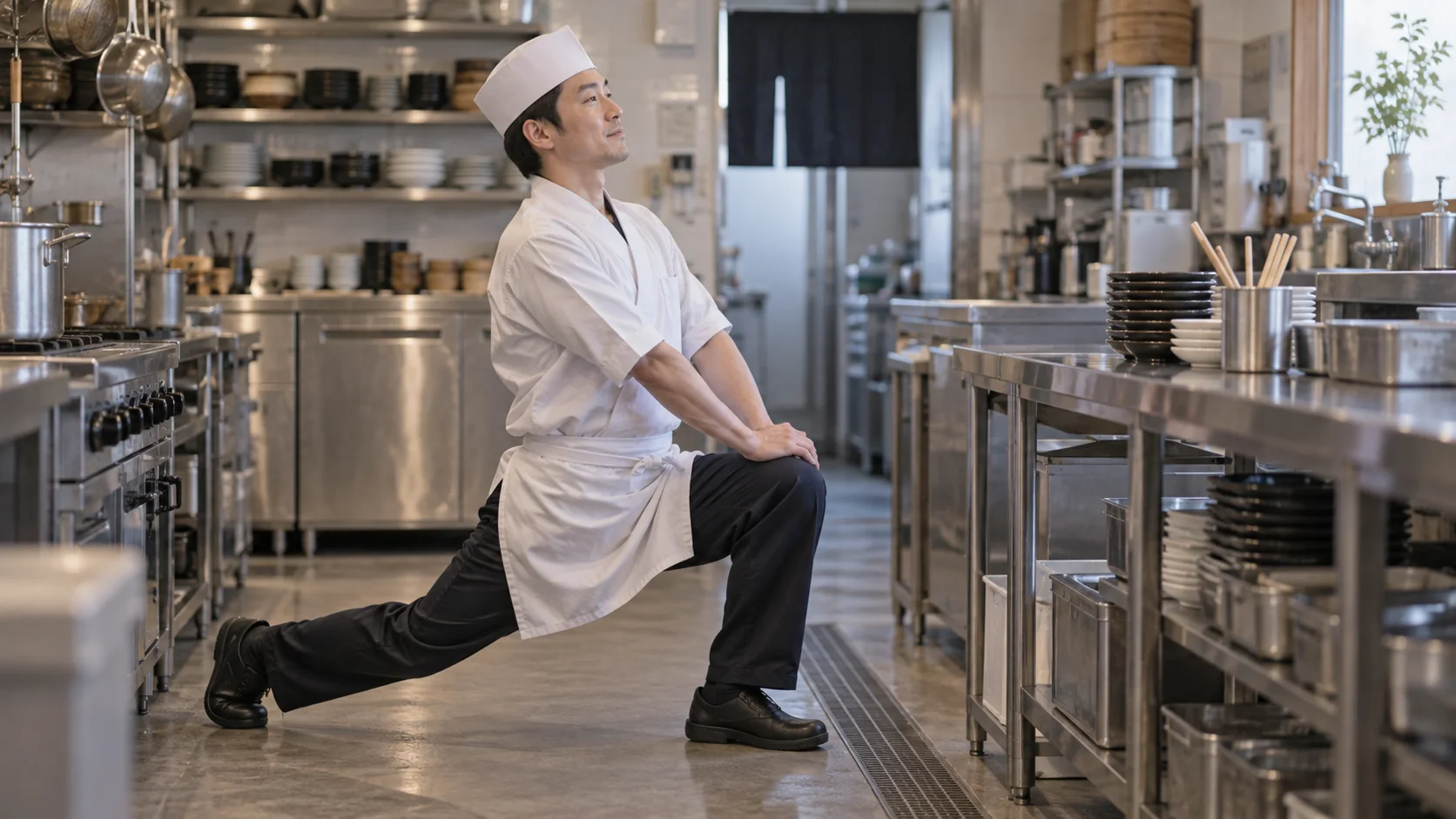 厨房で股関節を伸ばす調理師