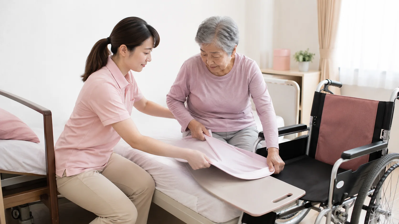 抱え上げず福祉用具を使って移乗介助を行う介護士