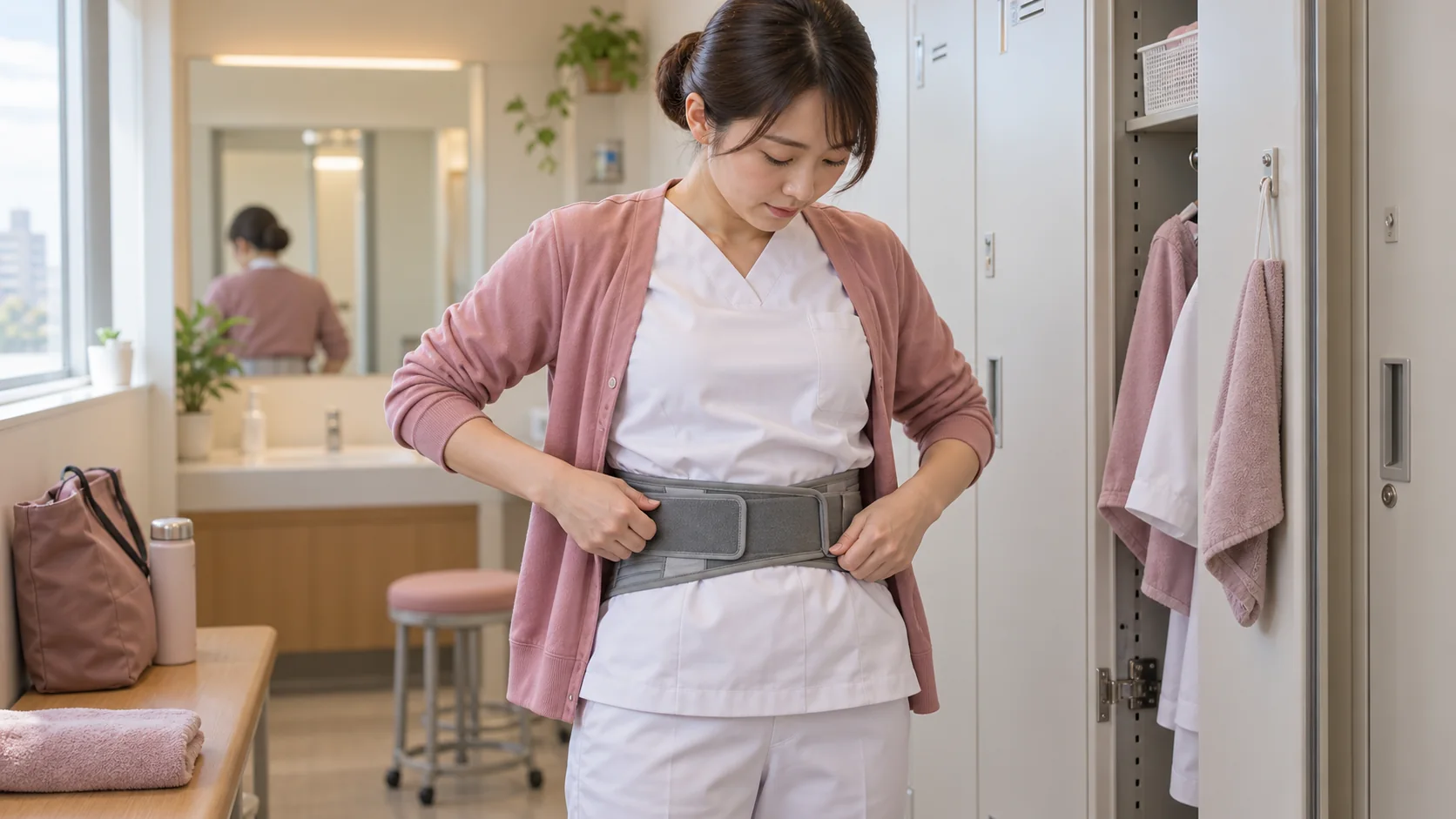 腰痛ベルトの位置と締め方を確認する看護師