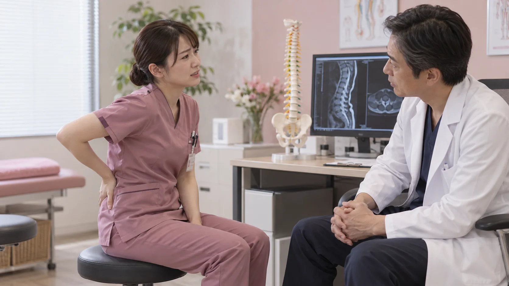 腰痛と脚のしびれを医師へ相談する看護師