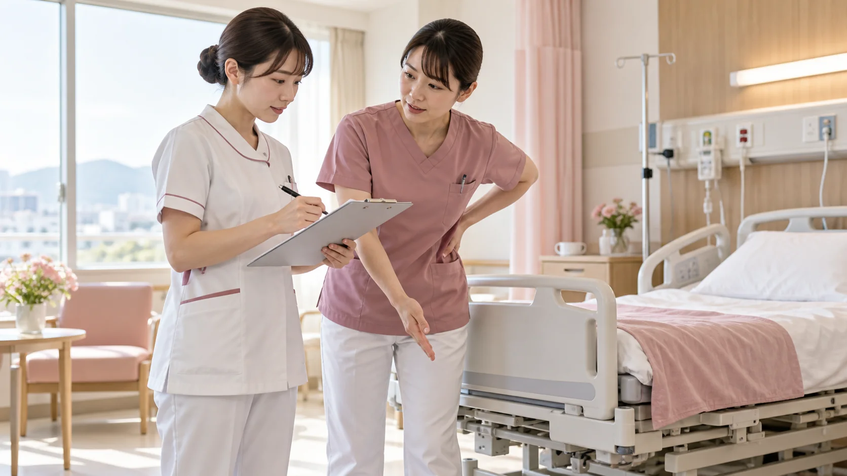 看護業務で腰に負担がかかる場面を確認する看護師
