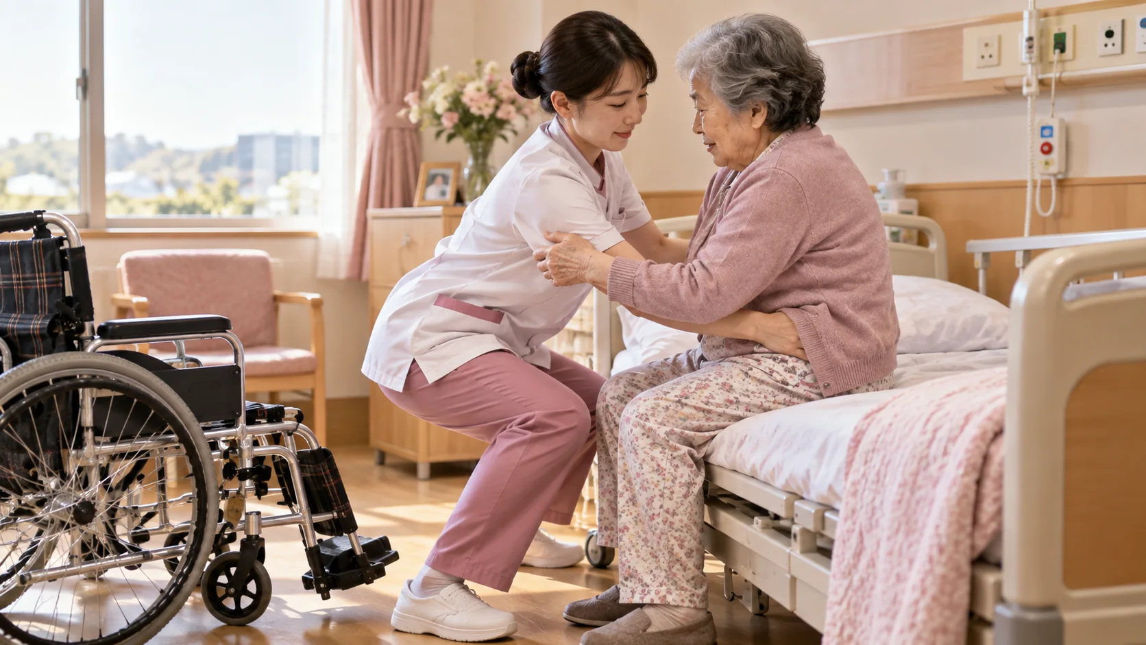 ベッド移乗時に腰を守る姿勢を取る看護師