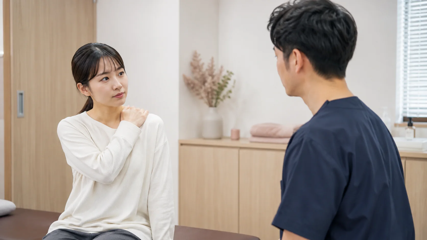 医療機関の通院後に残る首肩の張りを相談する女性