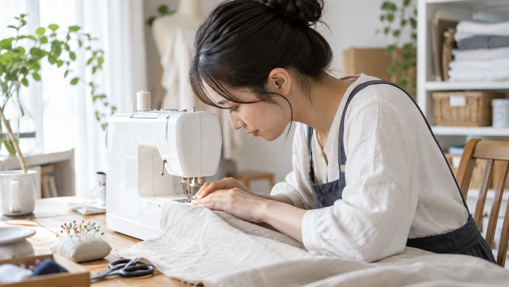 前かがみでミシン作業をする女性
