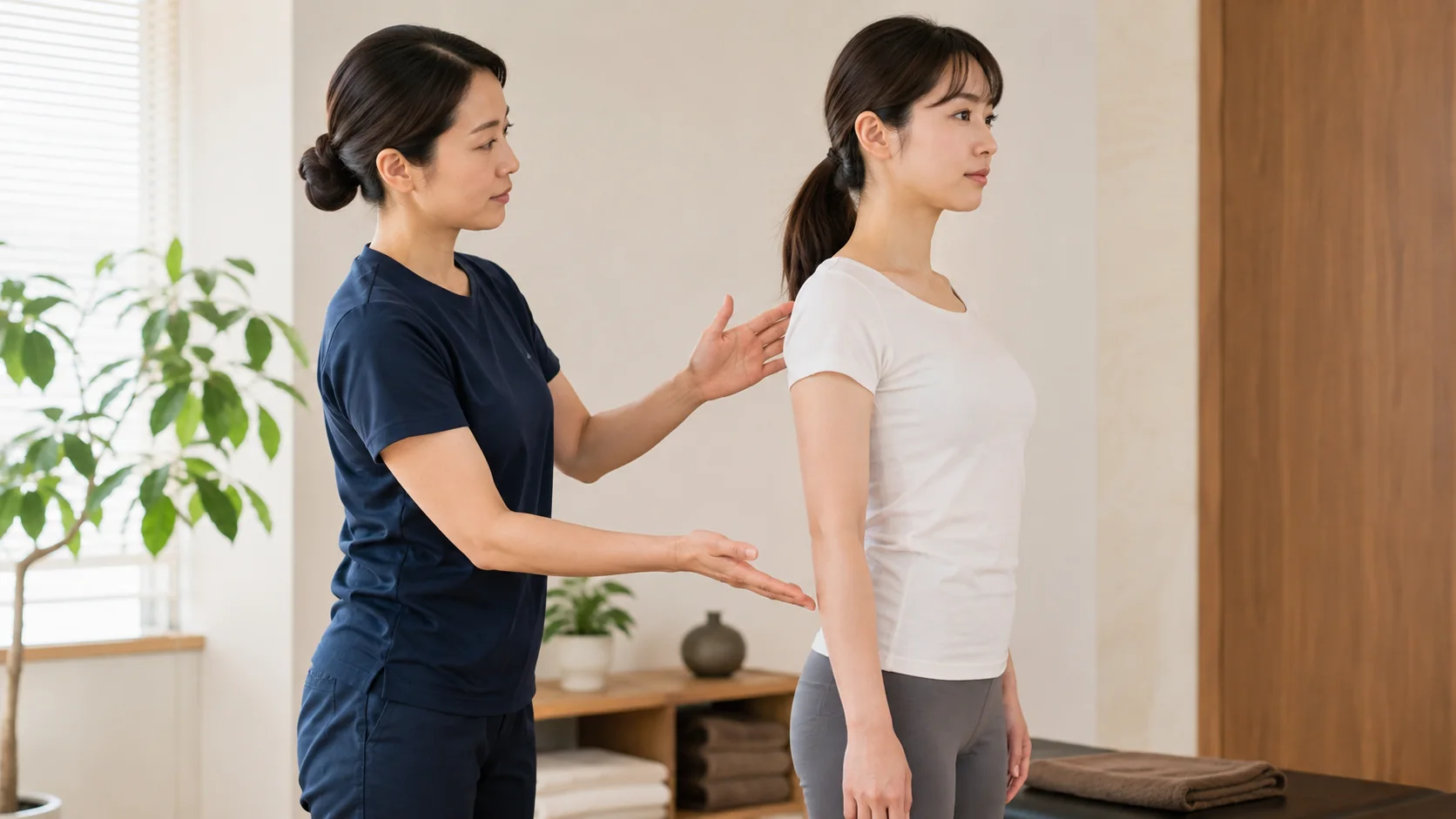 動きやすい服装で姿勢を確認してもらう女性