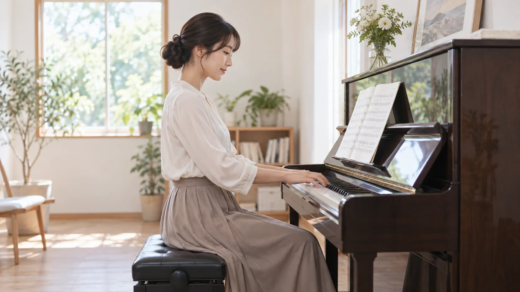 姿勢を整えてピアノを演奏する女性
