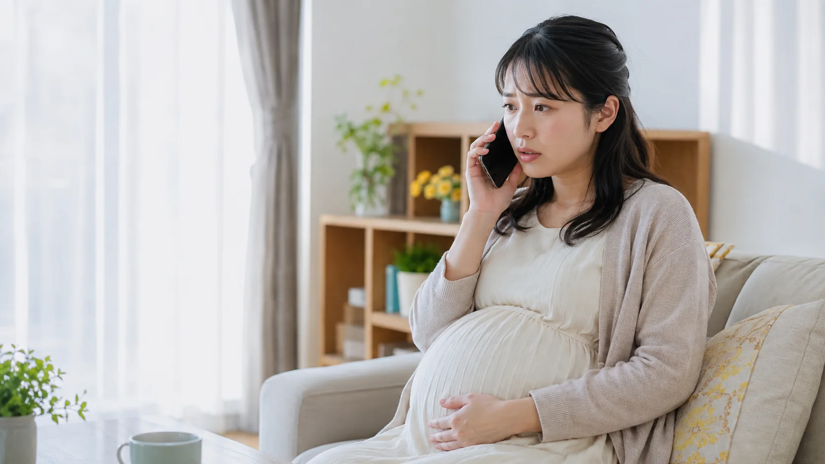 妊娠中の気になる症状について電話で相談する女性