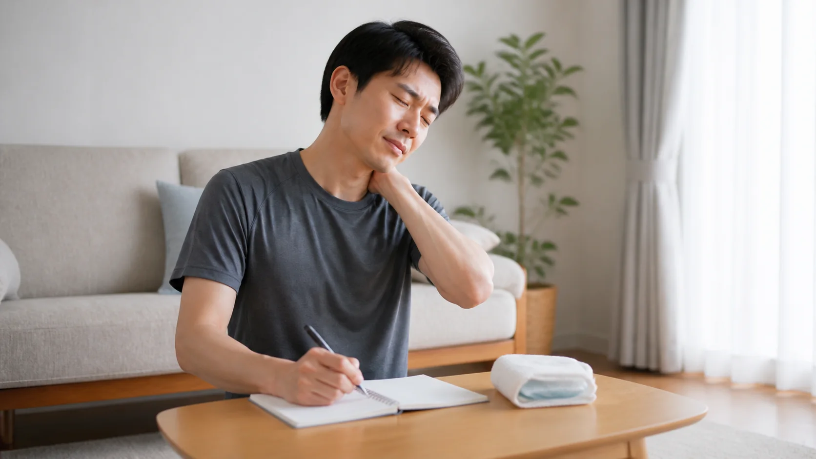 事故後の首を無理せず冷やして症状を記録する男性