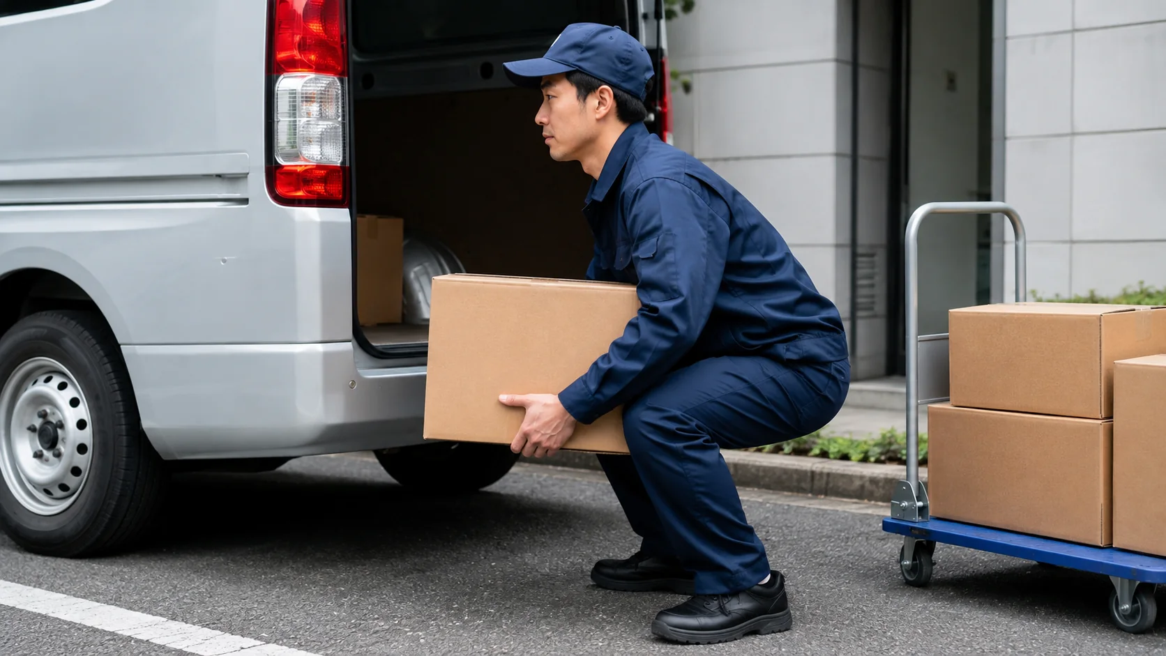 荷物を体へ引き寄せて膝で持ち上げる配送員