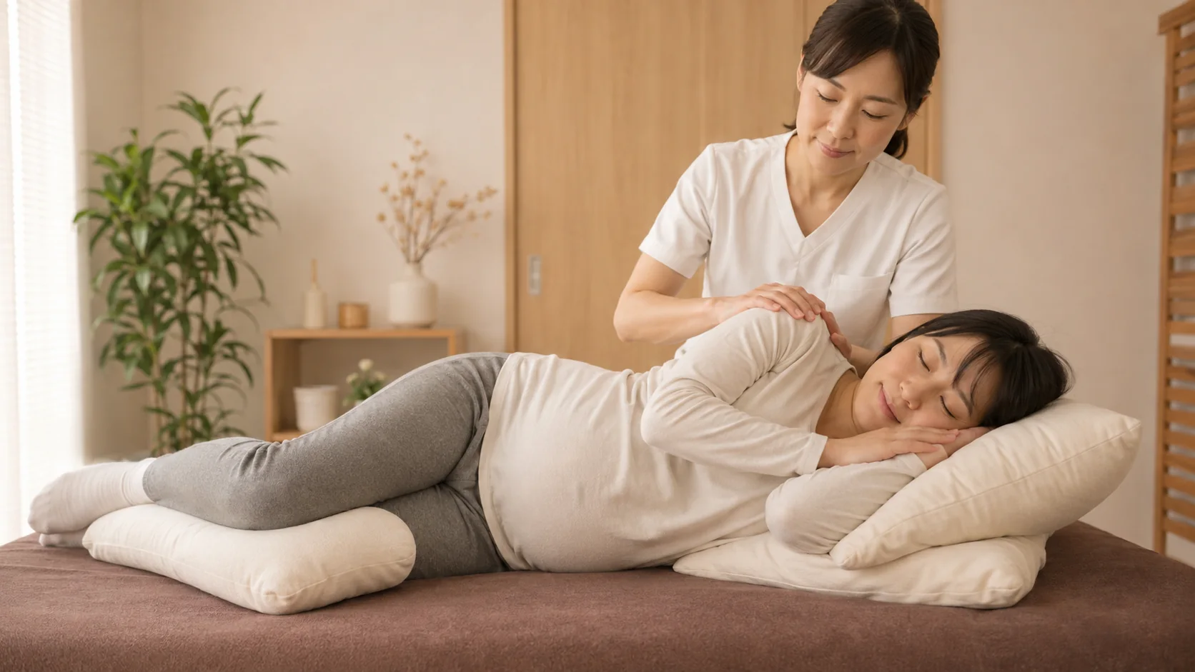妊婦が横向きの姿勢で無理なく施術を受ける様子