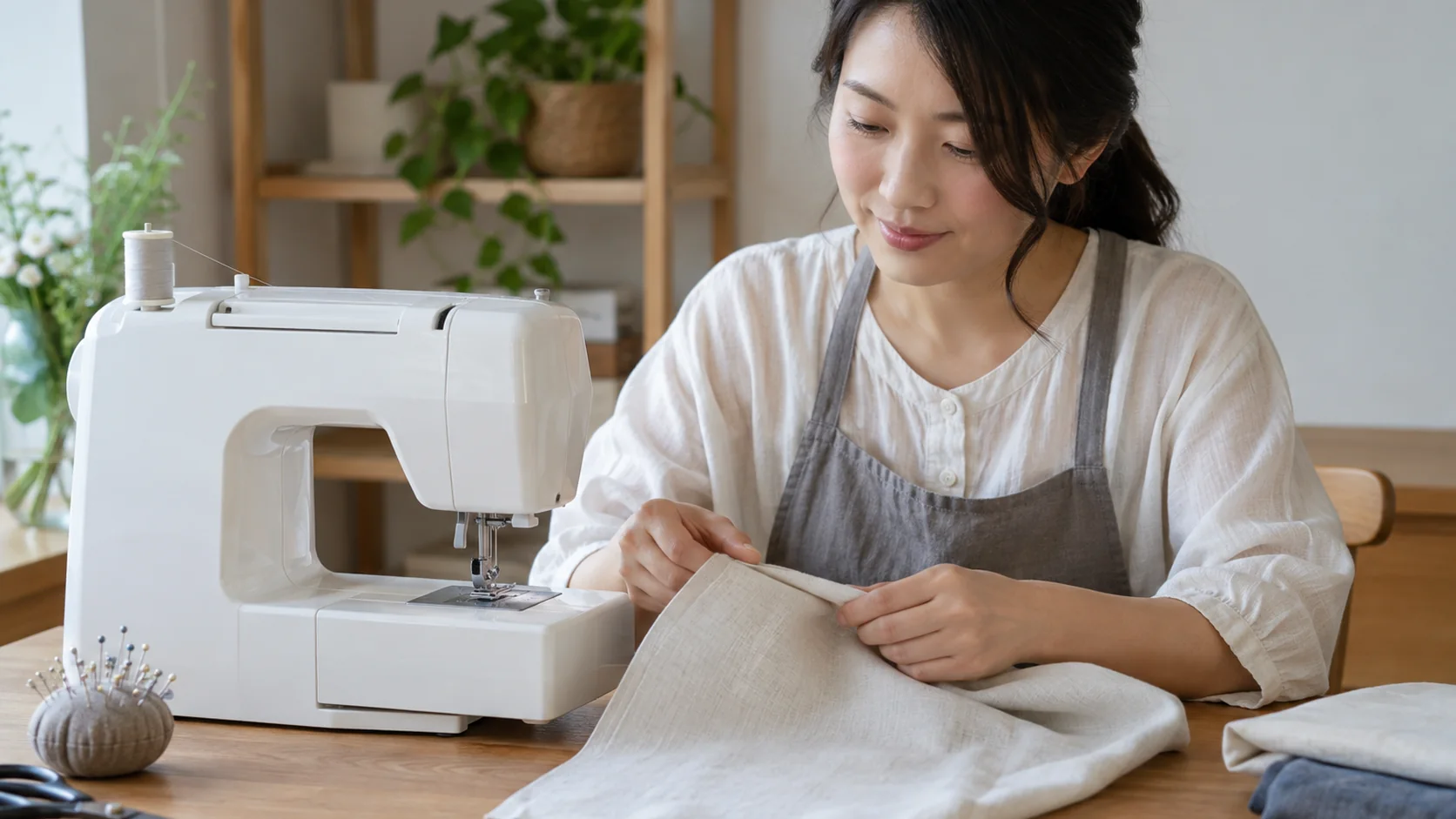 停止したミシンで布を整える女性