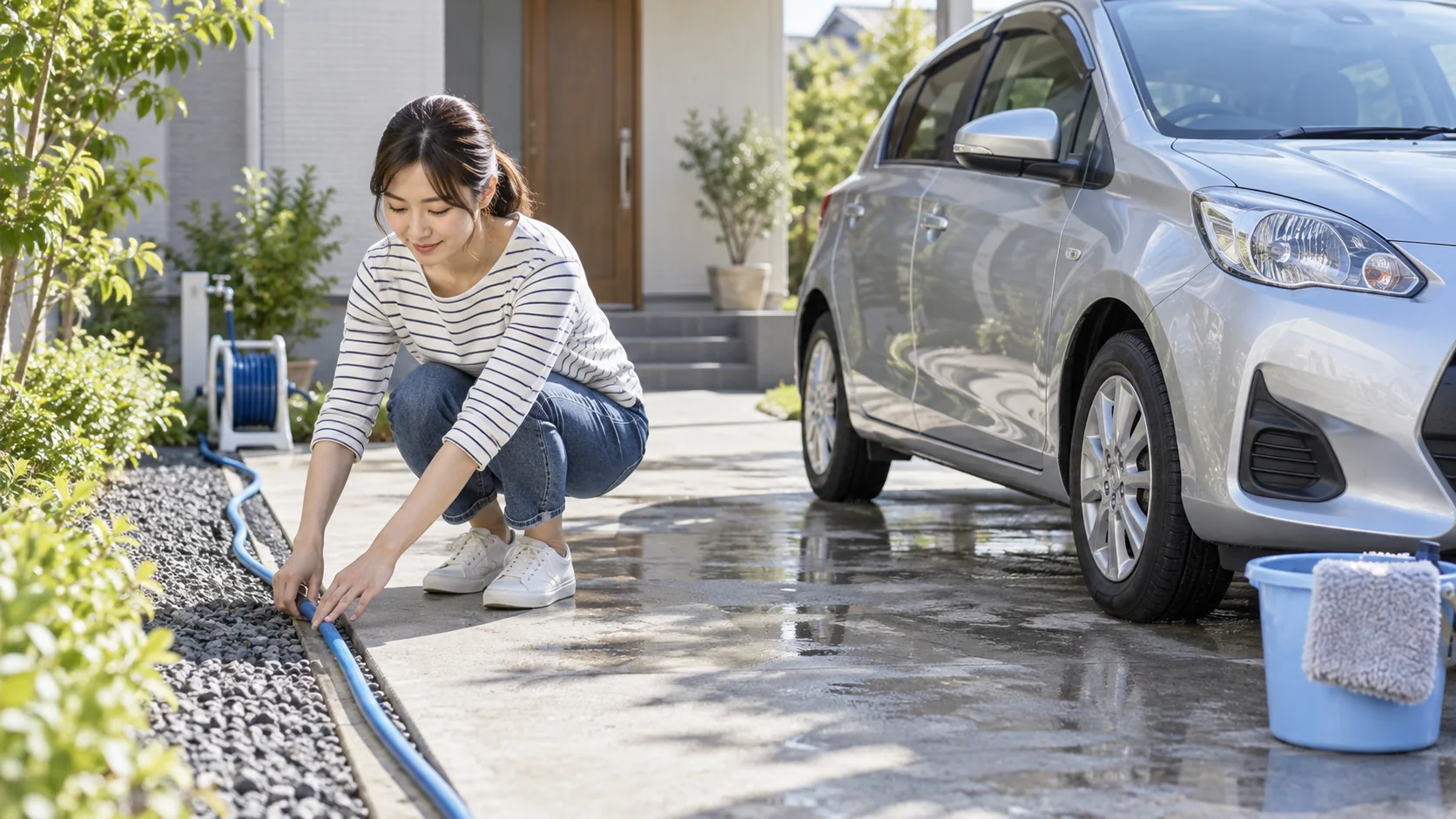 ホースを通路の端へ整える女性