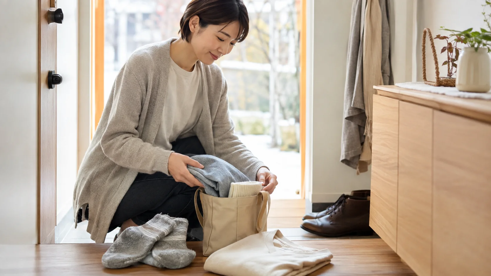 季節に合わせた整体用の服と靴下を準備する女性