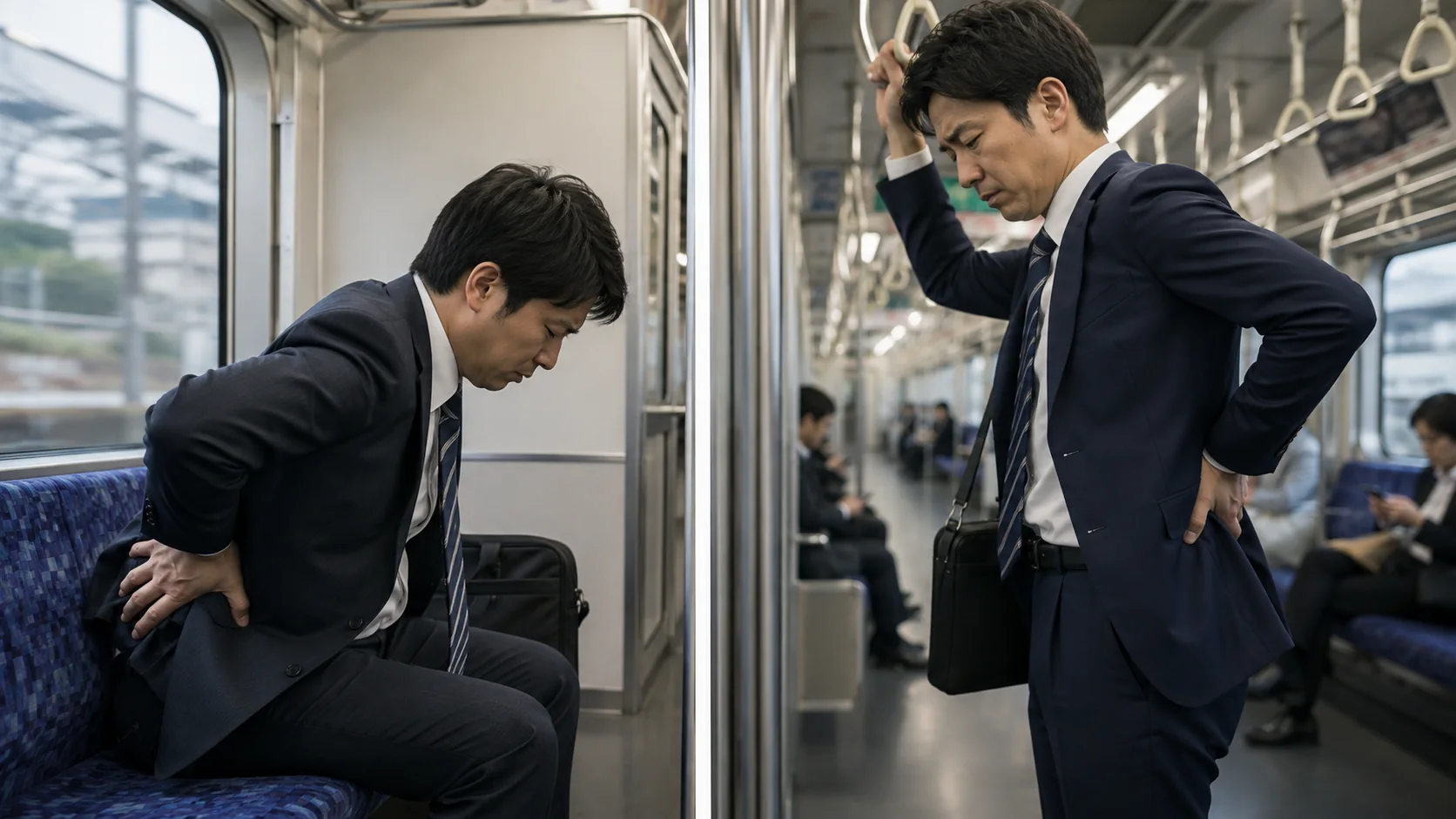 電車で座る場合と立つ場合の腰への負担を比べる男性